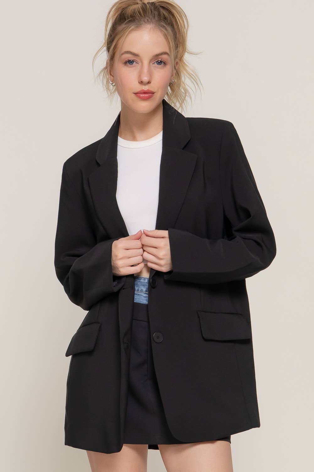 Long Sleeve Notched Collar with Front Button Closure Blazer