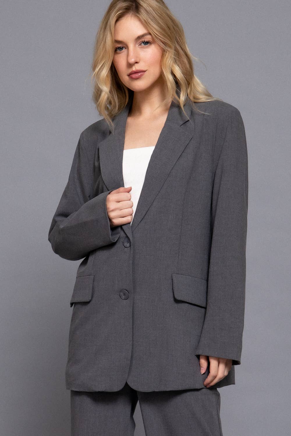Long Sleeve Notched Collar with Front Button Closure Blazer