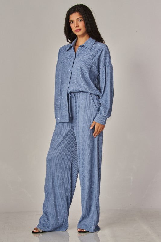 Rhinestone Button Down Shirt Pant Set