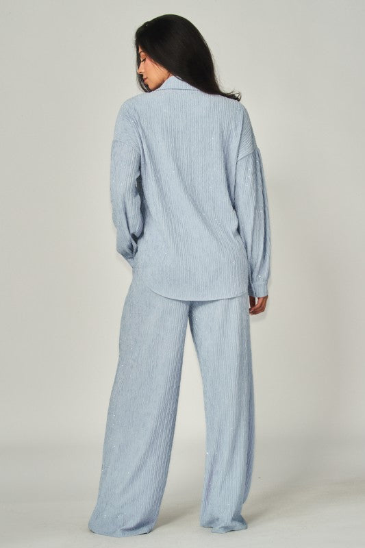 Rhinestone Button Down Shirt Pant Set