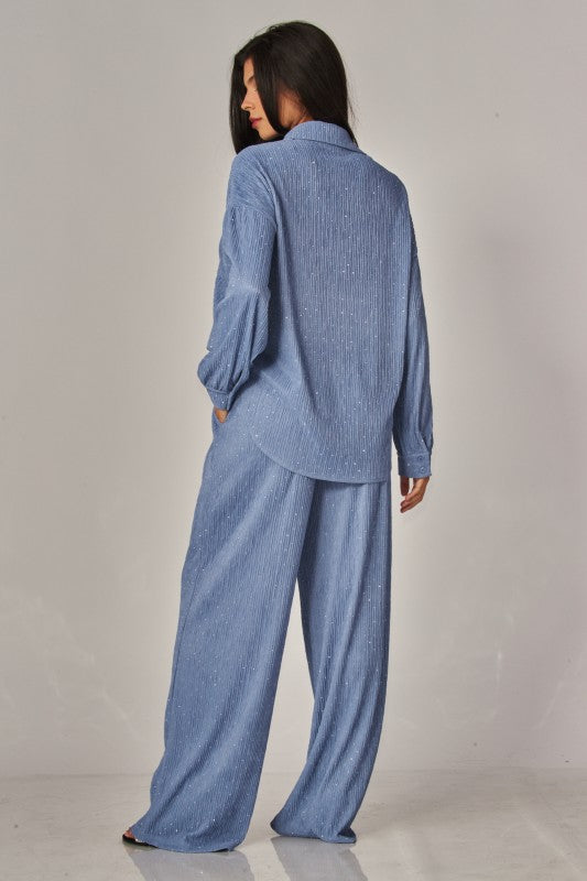 Rhinestone Button Down Shirt Pant Set