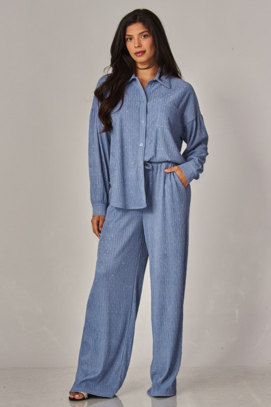 Rhinestone Button Down Shirt Pant Set