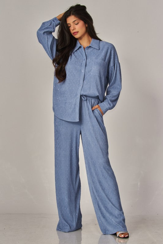 Rhinestone Button Down Shirt Pant Set