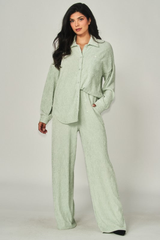Rhinestone Button Down Shirt Pant Set