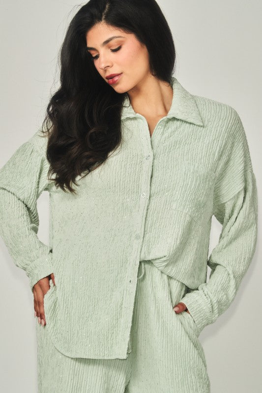 Rhinestone Button Down Shirt Pant Set