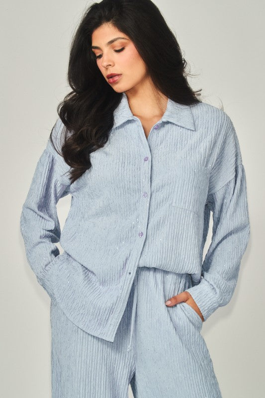 Rhinestone Button Down Shirt Pant Set