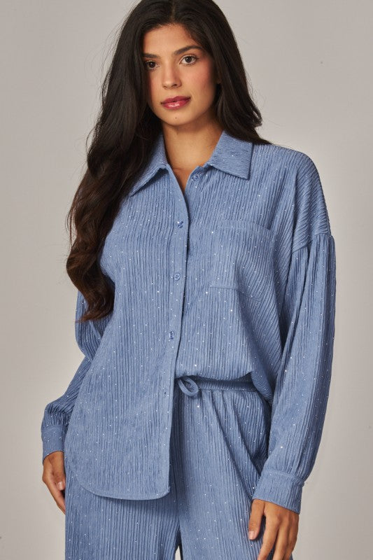 Rhinestone Button Down Shirt Pant Set