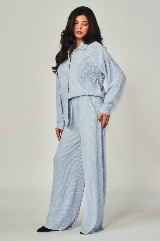 Rhinestone Button Down Shirt Pant Set