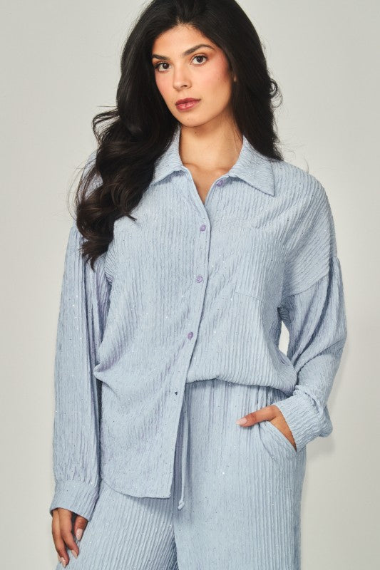 Rhinestone Button Down Shirt Pant Set