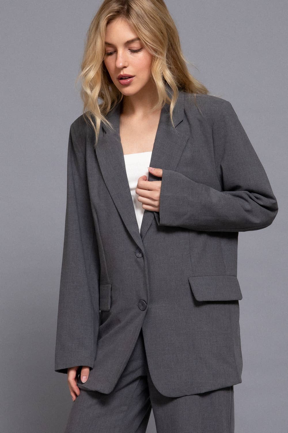 Long Sleeve Notched Collar with Front Button Closure Blazer