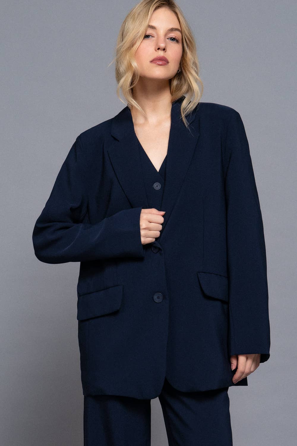 Long Sleeve Notched Collar with Front Button Closure Blazer