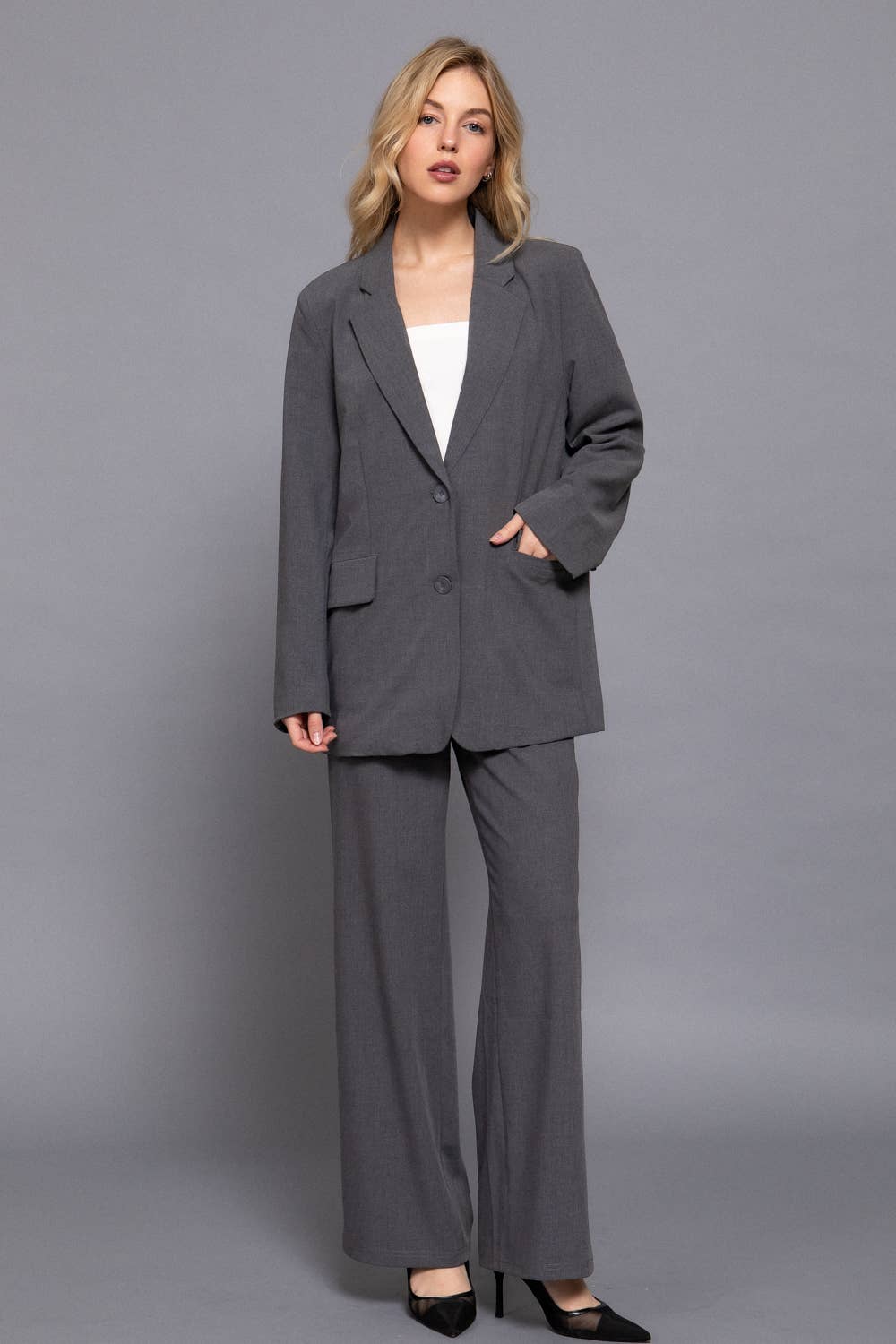 Long Sleeve Notched Collar with Front Button Closure Blazer