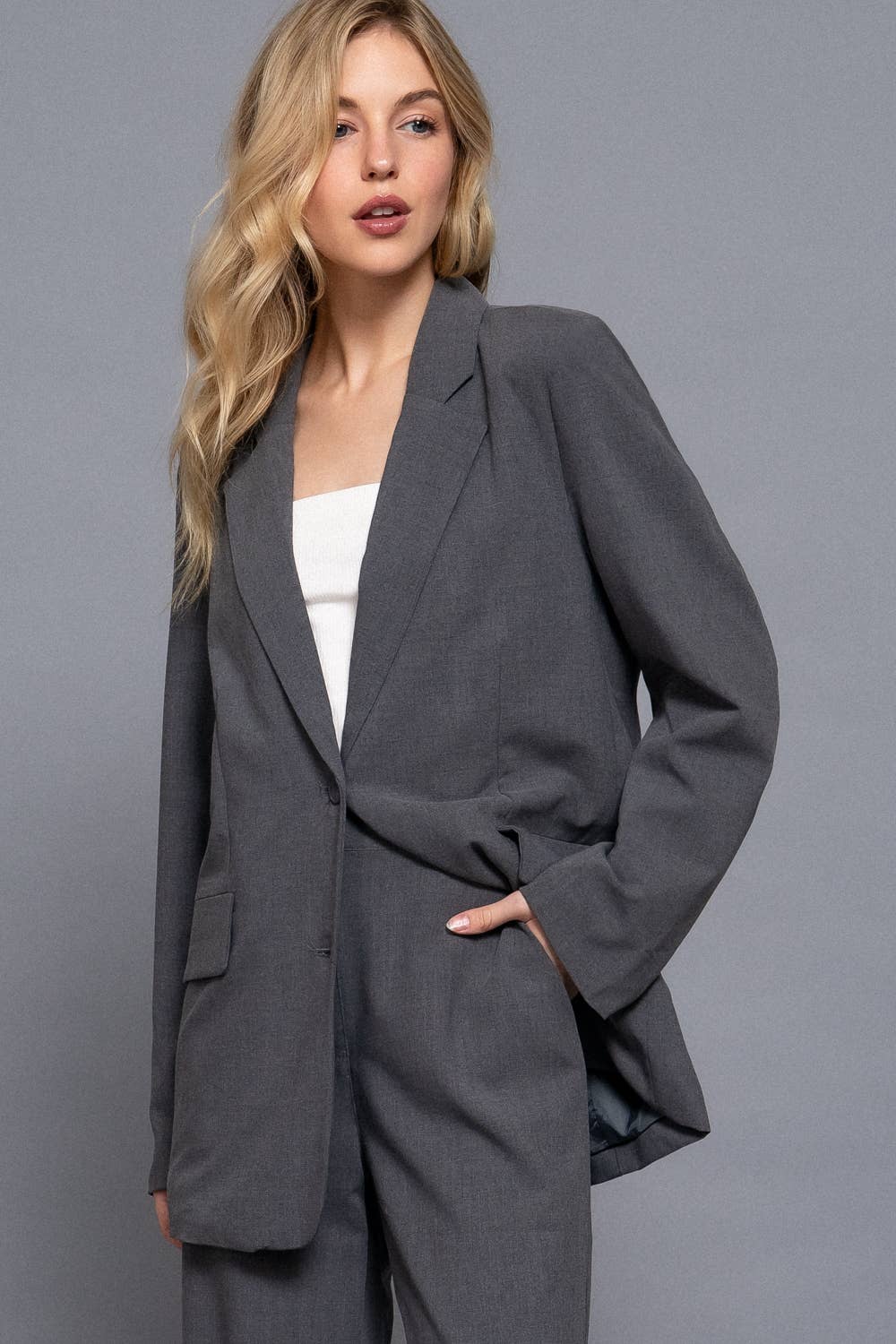 Long Sleeve Notched Collar with Front Button Closure Blazer