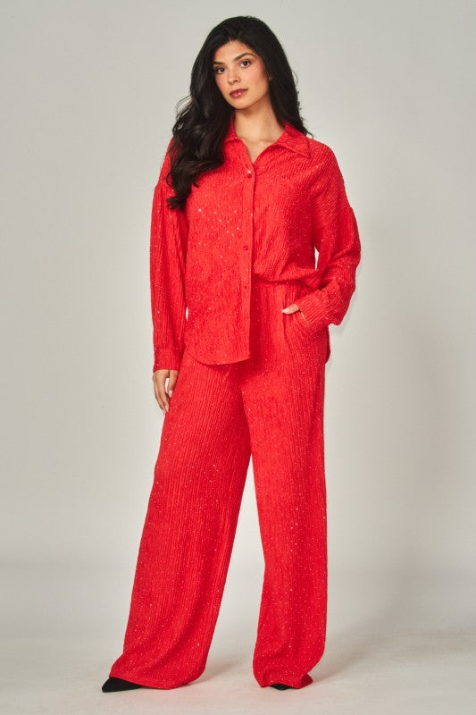 Rhinestone Button Down Shirt Pant Set