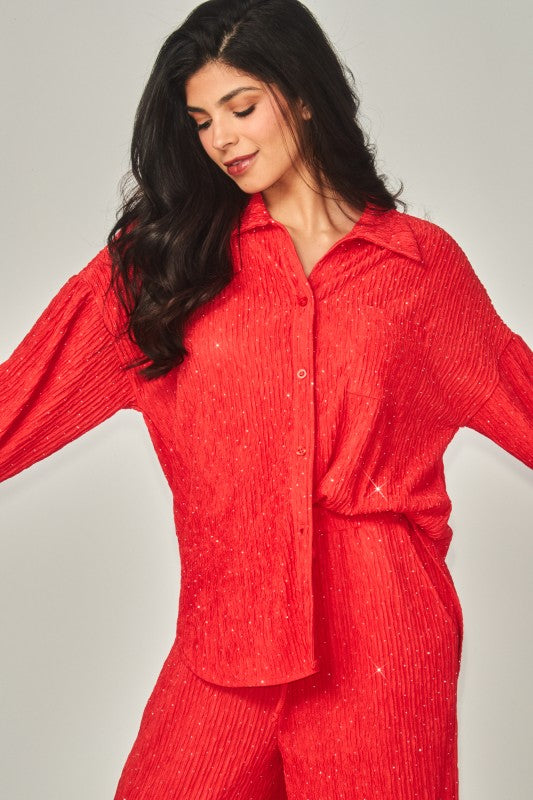 Rhinestone Button Down Shirt Pant Set