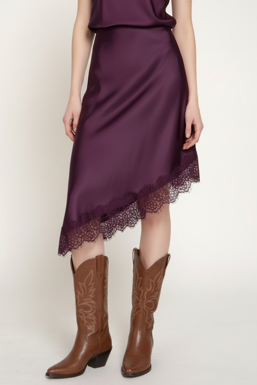 Asymmetrical lace midi skirt