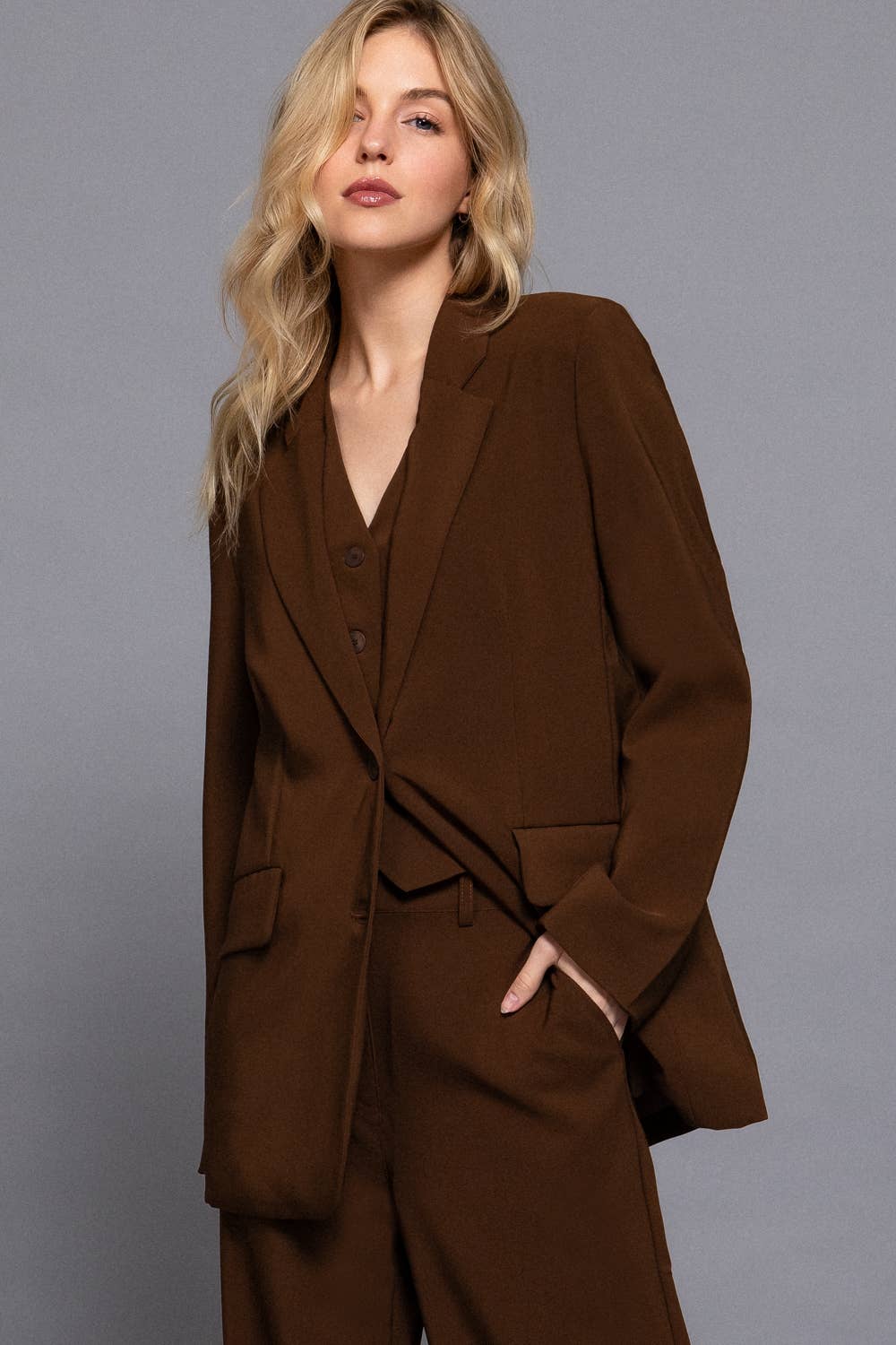 Long Sleeve Notched Collar with Front Button Closure Blazer