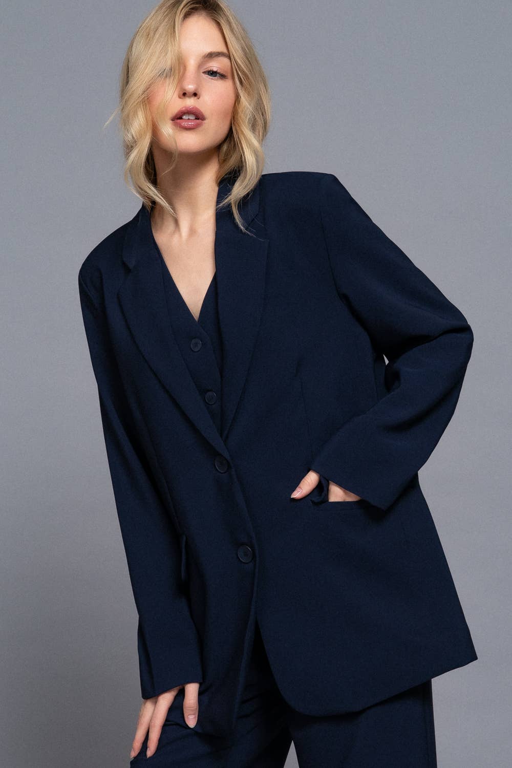 Long Sleeve Notched Collar with Front Button Closure Blazer