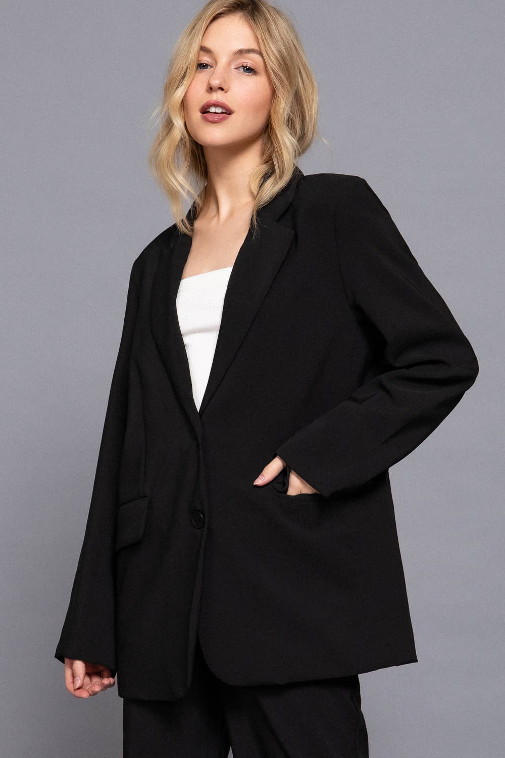 Long Sleeve Notched Collar with Front Button Closure Blazer
